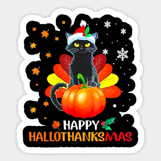 Black Cat Halloween And Merry Christmas Happy Hallothanksmas Sticker by So Bright
